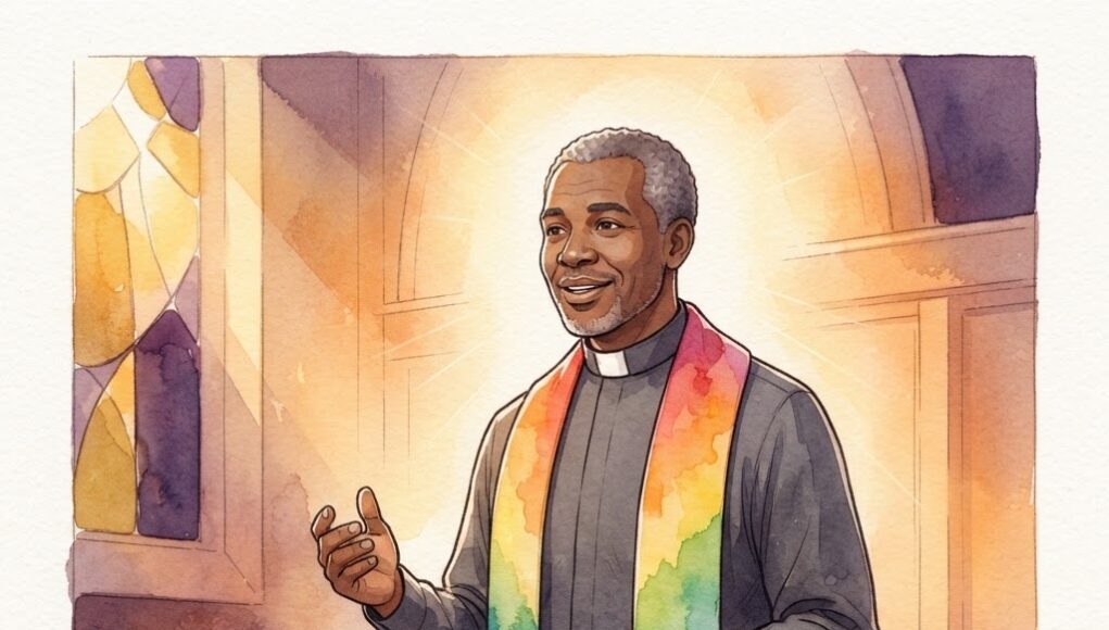 Rev. Troy Perry inspired editorial illustration with rainbow clerical stole