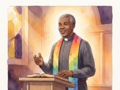 This Day in Gay: July 27 Rev. Troy Perry inspired editorial illustration with rainbow clerical stole