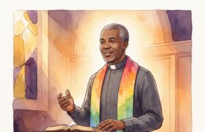 This Day in Gay: July 27 Rev. Troy Perry inspired editorial illustration with rainbow clerical stole
