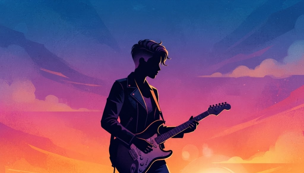 Bisexual musician silhouette against sunset gradient