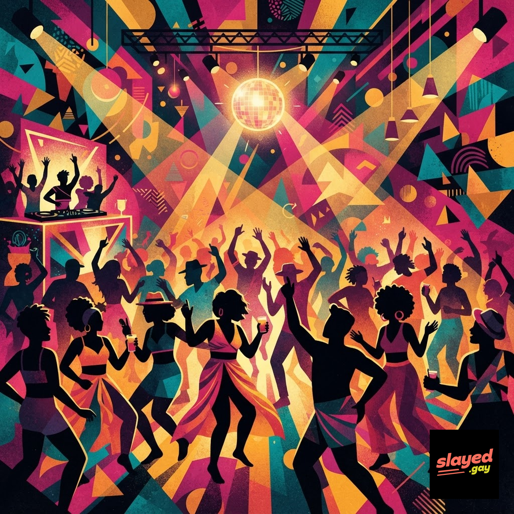 Queer dance club scene at golden hour