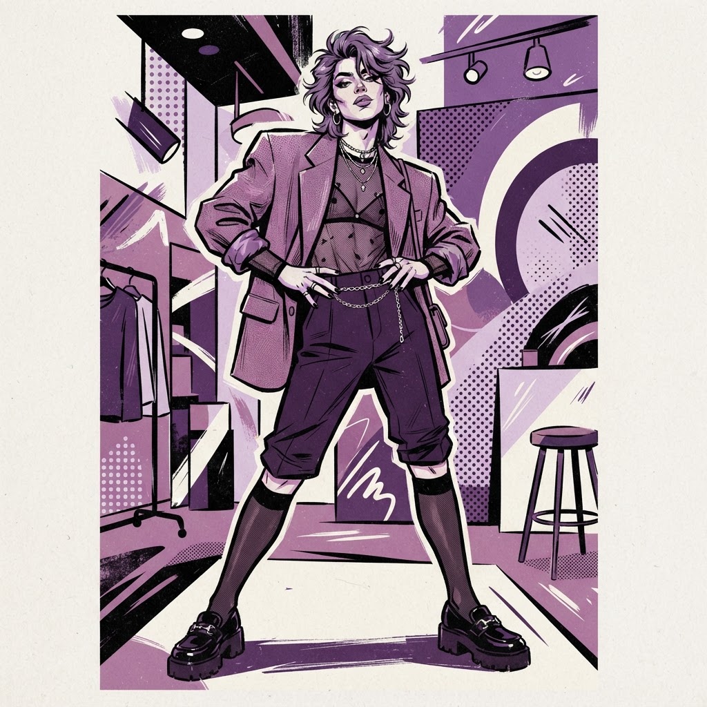 Femboy fashion illustration in purple and mauve tones