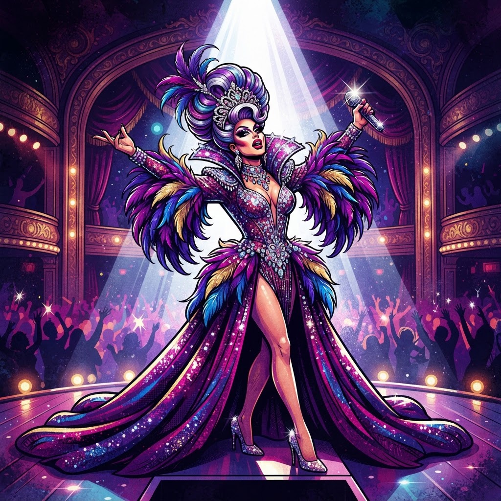 Drag queen performer on a Broadway stage