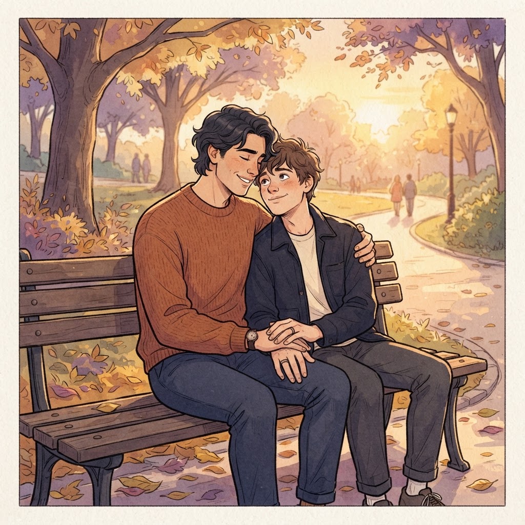 Two young men on a park bench at golden hour