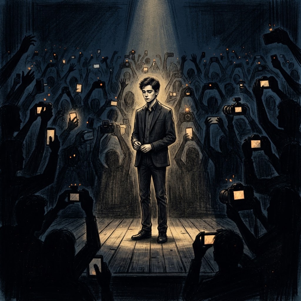 Young man under spotlight surrounded by cameras