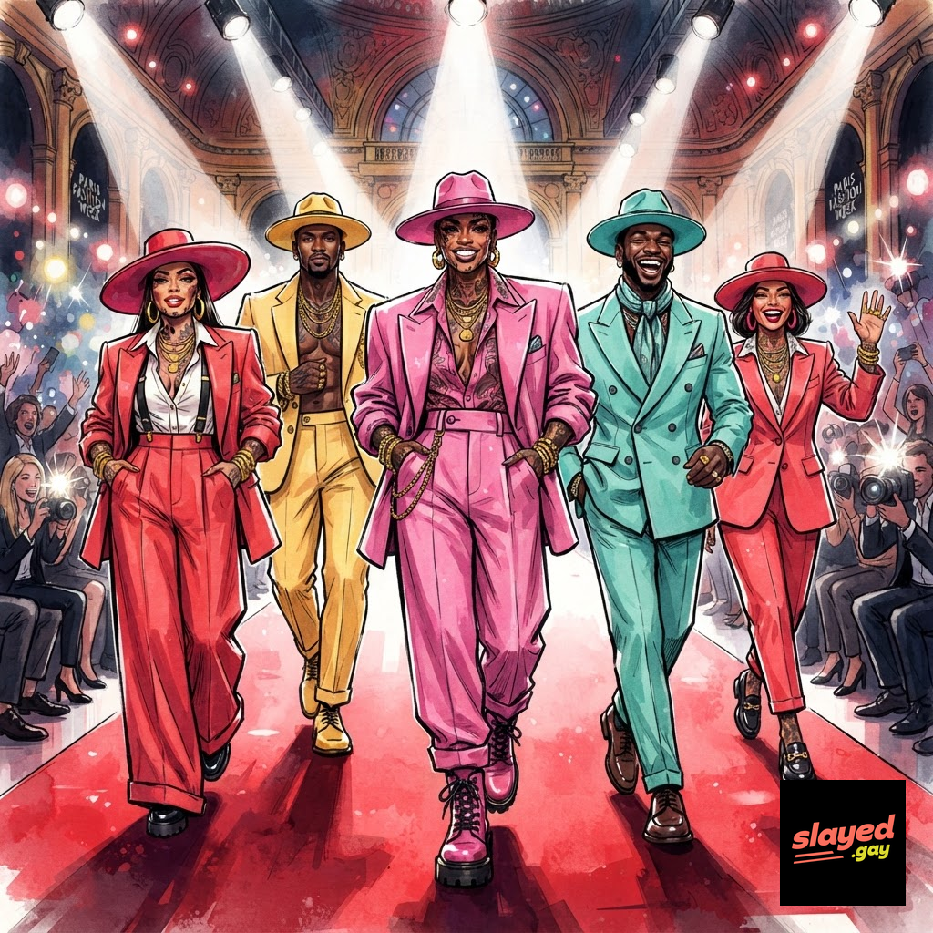 Diverse models in colorful zoot suits on a Paris runway